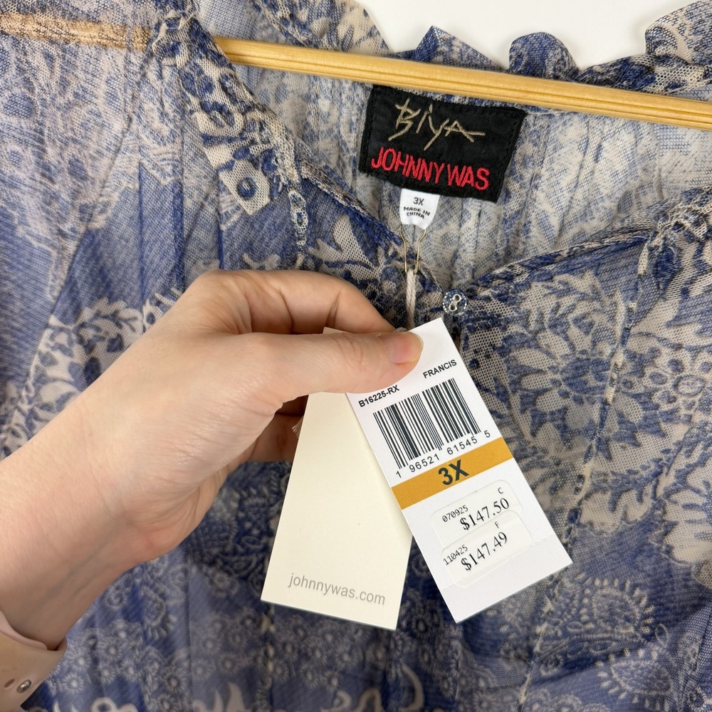NWT Johnny Was Biya Mazzy Peasant Blouse Size 3X Francis Blue Mesh Embroidered - Picture 9 of 14